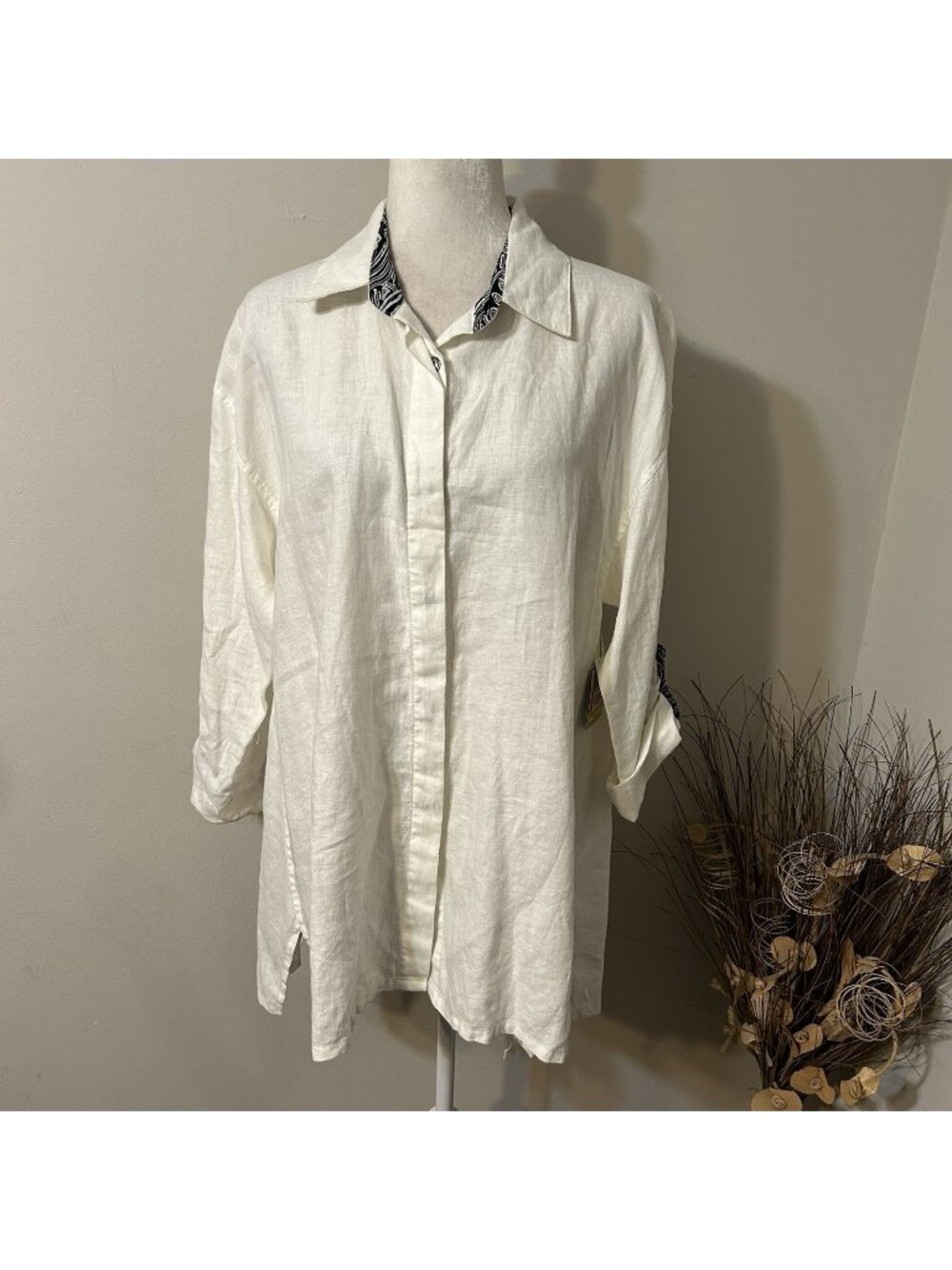 NWT John Mark Button Up Shirt Ivory Oversized Roll-tab Sleeve 100% Linen Sz M